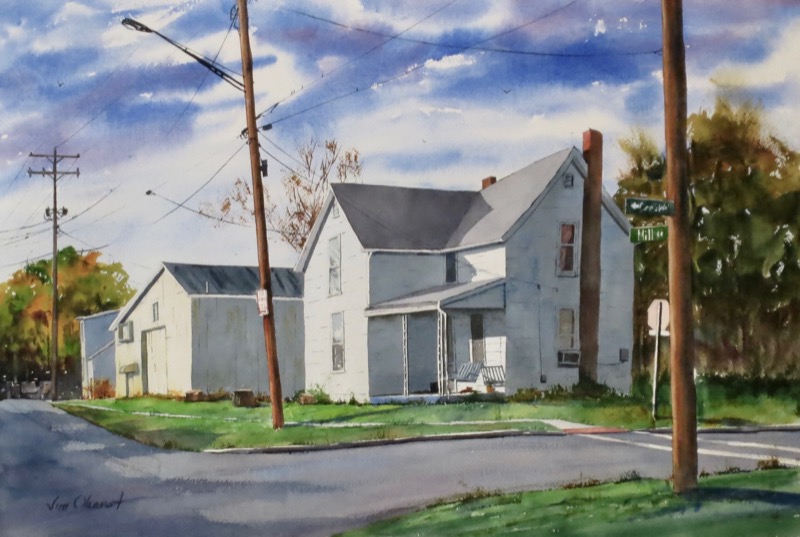 cityscape, landscape, town, houses, street, downtown, pataskala, licking, ohio afternoon, watercolor, painting, oberst